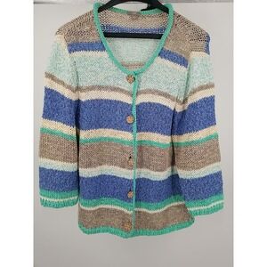 J Jill Sweater Womens L Large Striped Cardigan Loose Chunky Knit Multicolors‎